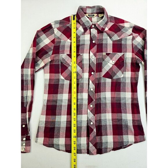 Salt Valley Size Small Mens Marron White Gray Check Pearl Snap Logo Cotton Shirt - Picture 10 of 11
